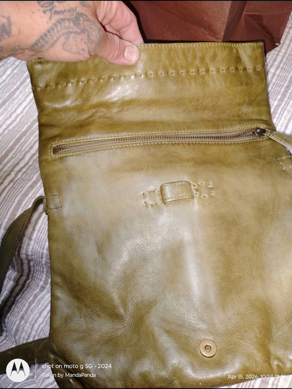Olive Leather Satchel Shoulder Bag - Distressed Finish